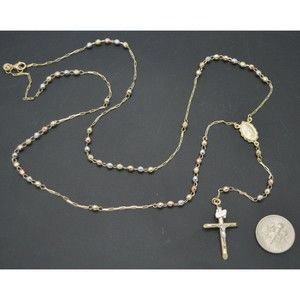 10k Solid Yellow Gold Colored Beads Rosary Virgin Mary Jesus Cross Necklace 18"